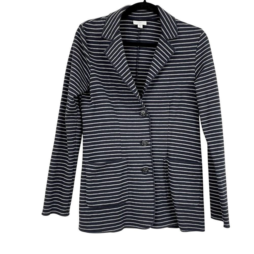 J Jill Navy Blue White Striped Cardigan Blazer Jacket Womens XS Nautical Preppy